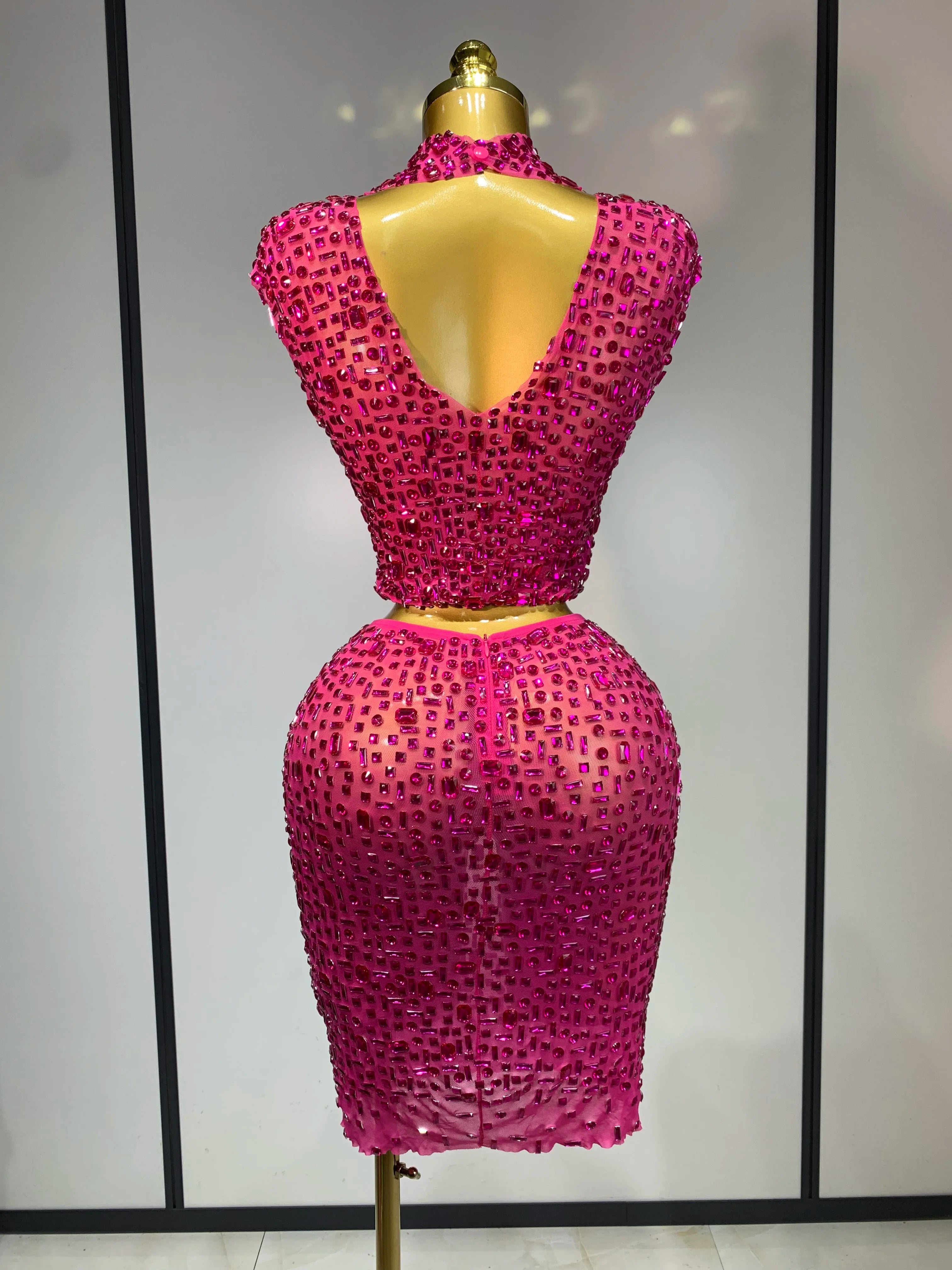 Sexy Sparkly Crystal Diamonds Mesh See Through Two Piece Set Women Elegant Evening Party Costume Singer Stage Performance Outfit