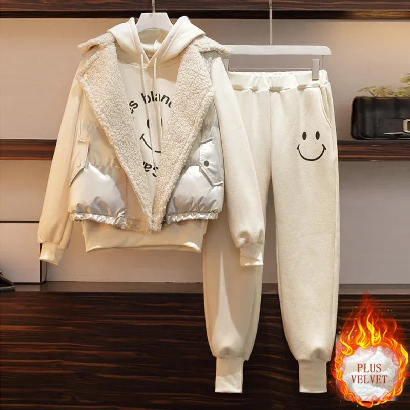 3 Piece Set Women Winter Vest + Hoddies + Pants 3PCS Outfits Loose Sweatsuit Thick Plus Velvet Warm Print Smile Casual Clothing 3 Pcs Set Apricot