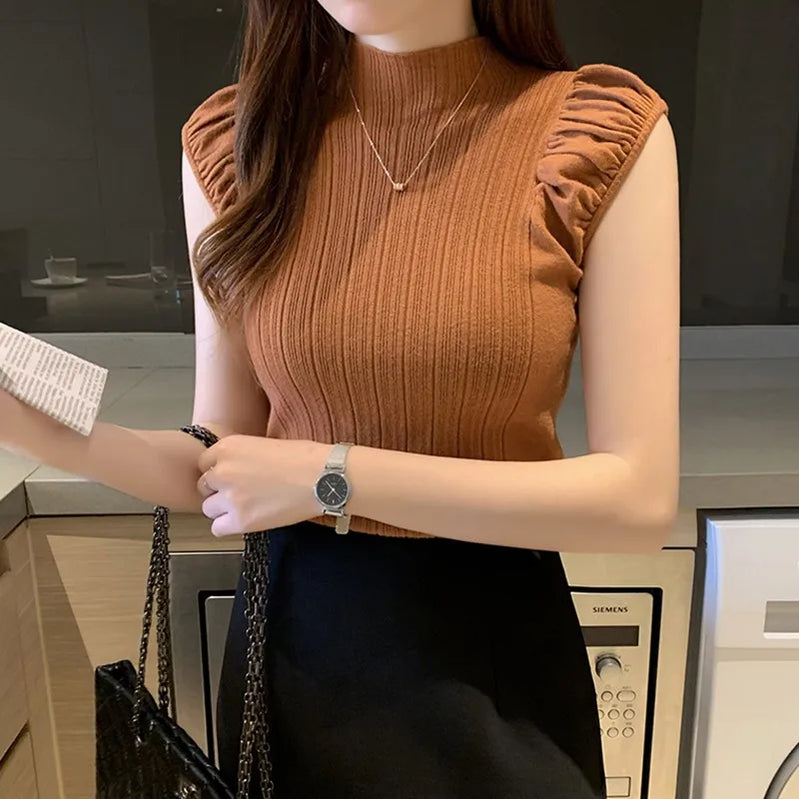 Women Tops Half High Collar Vest Solid Casual Female Sleeveless Knitted Summer Half Turtleneck Knitted Sleeveless T-Shirt K