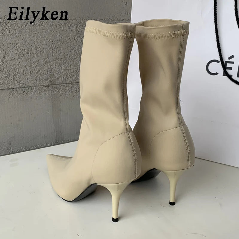 Eilyken 2025 Spring Autumn Stretch Fabric Women Ankle Boots Sexy Pointed Toe High Heels Fashion Female Socks Pumps Shoes