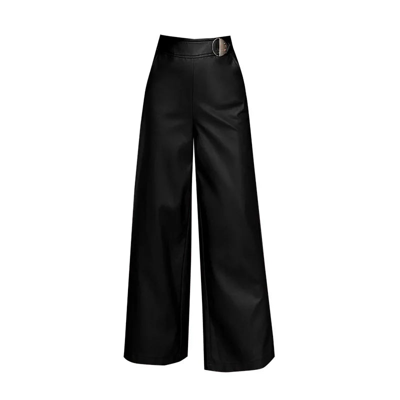Wide leg pants capirs women 2022 winter warm PU leather pants female trousers OL office formal casual pants woman clothes black