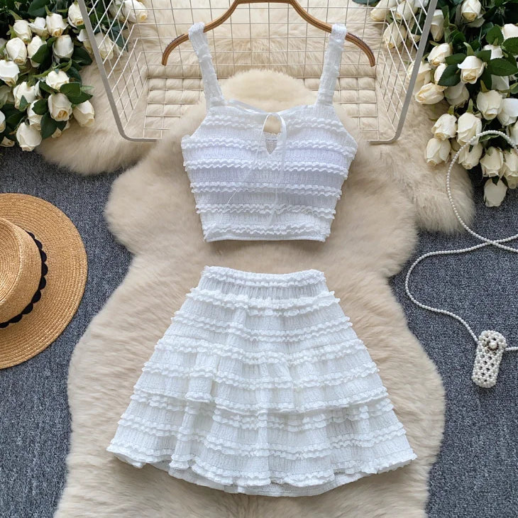 CM.YAYA Beach Boho Women's Set Strap Sleeveless Tank Top and Ruched Mini A-line Skirts Two 2 Piece Sets 2025 Summer Outfits