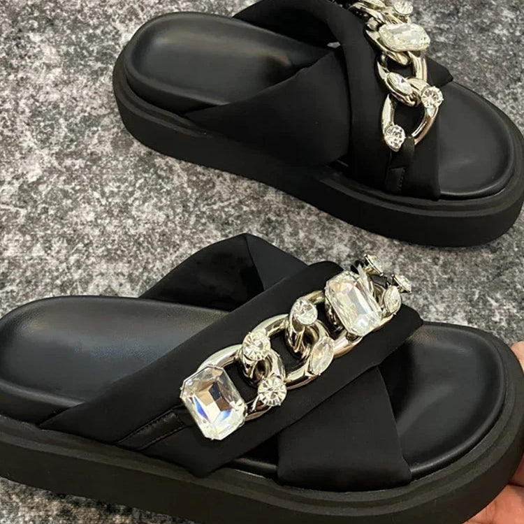 Women Crystal Slippers Chain Flats Platform Sandals Summer Ladies Casual Home Slides Women Beach Shoes Flip Flops Mujer black
