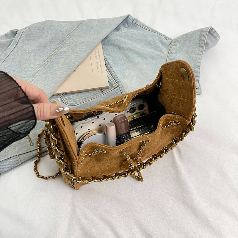 Motorcycle Hottie Rhombus Chain Bag High-End Commuter Shoulder Armpit Bag Retro Suede Crossbody Bag Bucket Bag