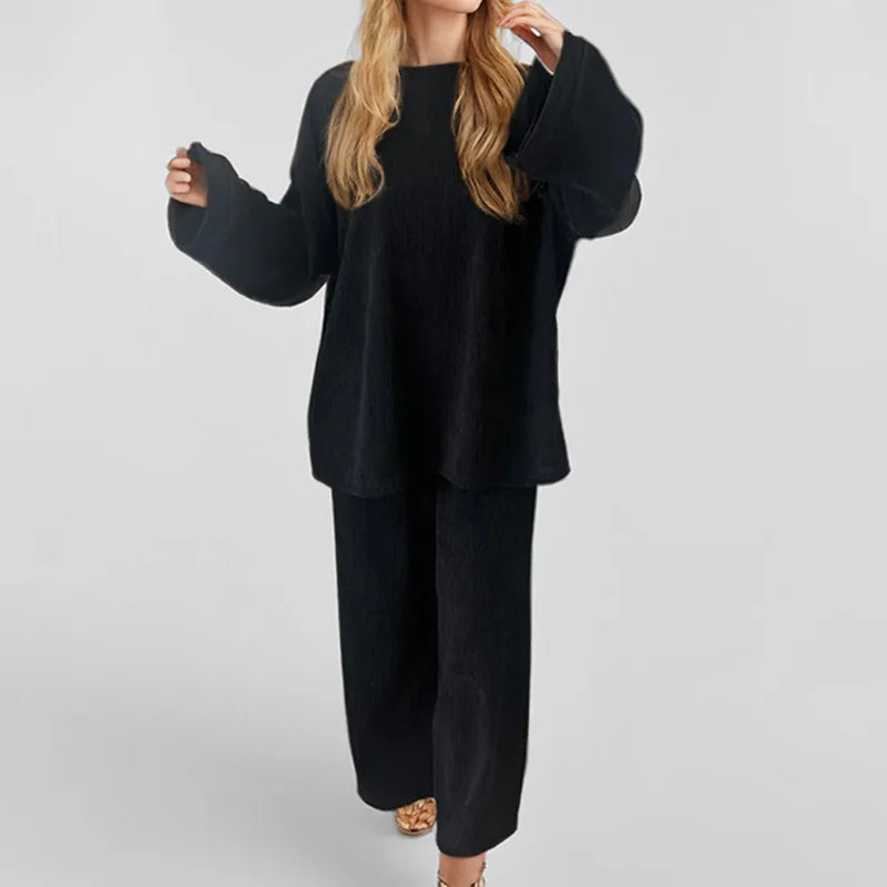 Autumn Winter Solid Color Corduroy Pants Sets Women Loose Long Sleeve Wide Legs Trousers Two Piece Set Female Commuting Clothing Black