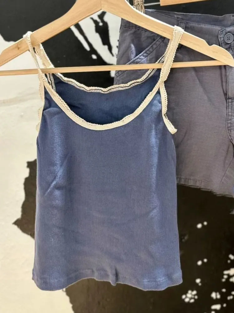 Casual Women Lace Edge Navy Camis Summer Casual Ladies Sleeveless Solid Color Female Chic Tops navy One Size