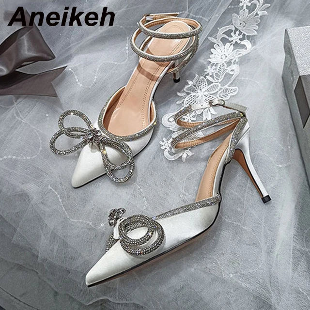 Women's Shoes Fashion Butterfly-Knot Narrow Band Bling Patchwork Cross-Tied Crystal Pointed Toe Pumps 9.5CM-White