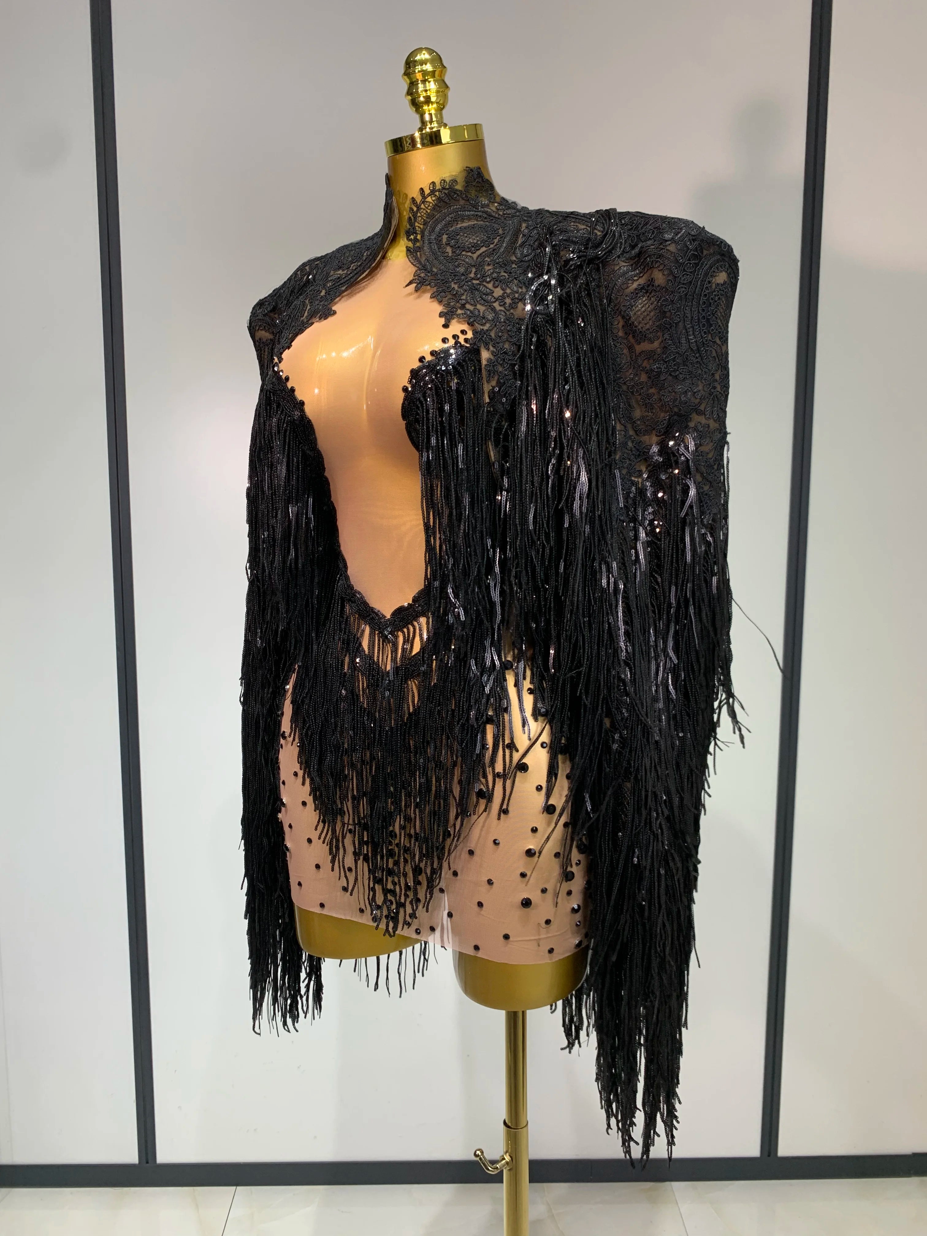 High Quality Rhinestones Tassels Mini Dress Suit Luxury Women Sexy See Through Mesh Party Club Dresses Performance Stage Outfit
