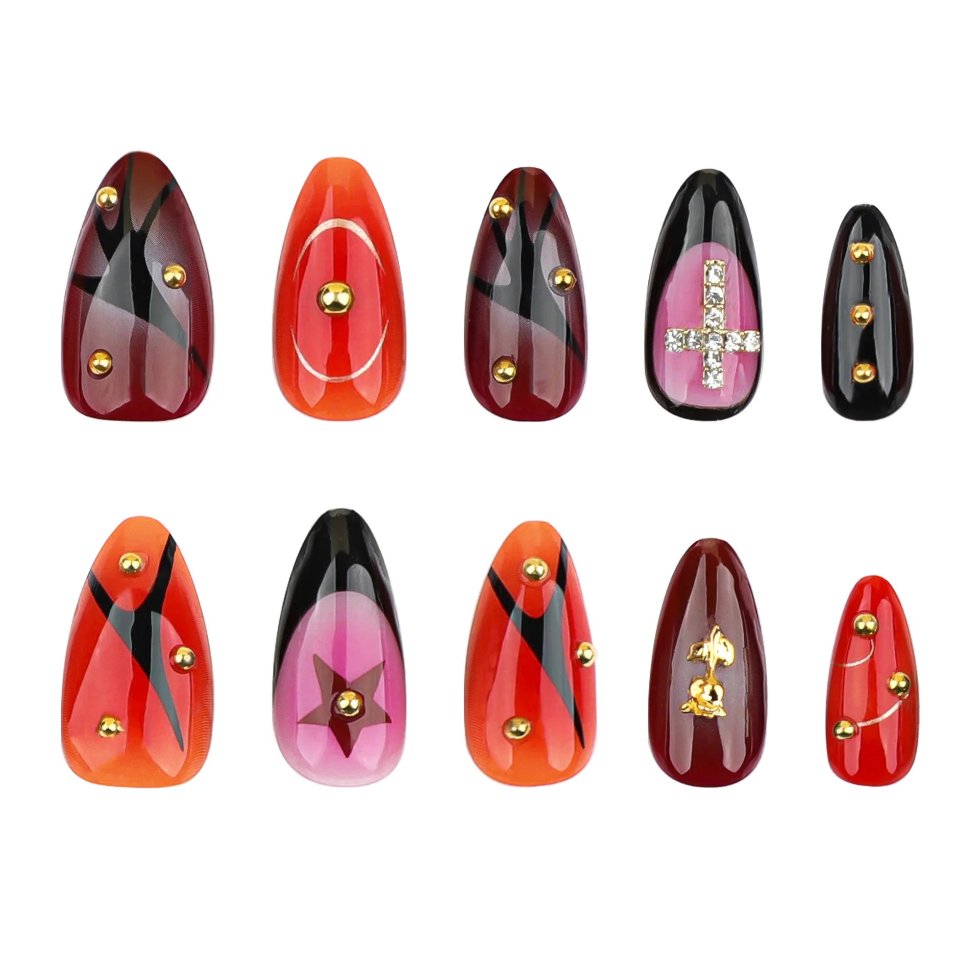 24pcs Metal 3D Rose Press on Nails Full Cover Wearable Almond False Nails Spice Girls Y2k Gothic Punk Style Fake Nail Tips