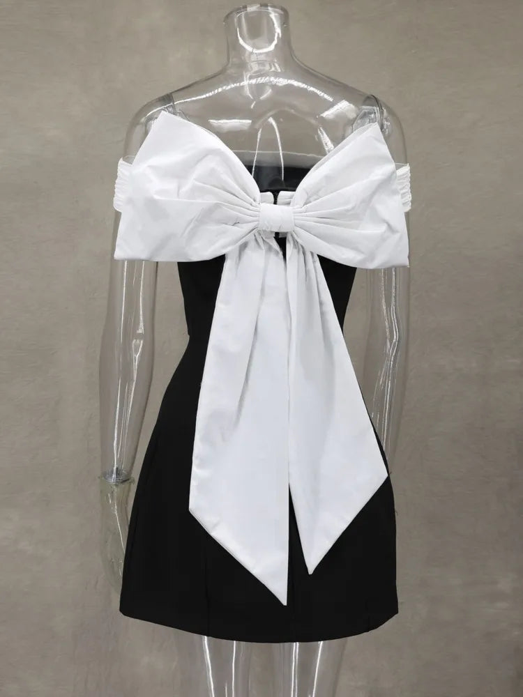 Vestido curto sexy sem costas com laço para mulheres, robe elegante, ombro de fora, sem alças, sem mangas, linha A, vestido sexy para clube