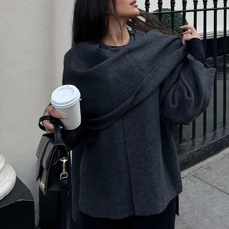 Autumn Short Gray Knitted Cape Coat with Scarf Women Fashion Long Sleeve Loose Cardigan Female Winter Elegant Chic Streetwear