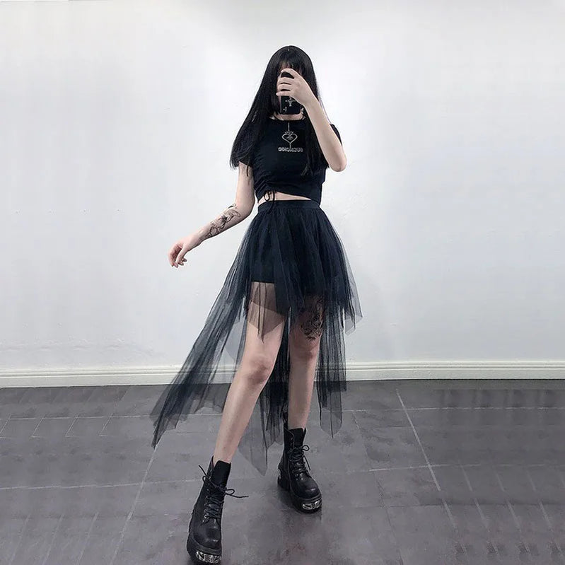 Gothic Black Mesh Skirt Women Summer Fashion High Waist Streetwear Irregular Midi Skirts Chic Dark Series Punk Stitching Skirts