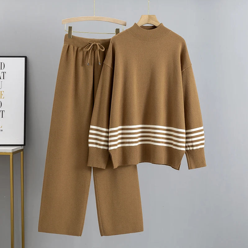 GIGOGOU Euro Designer Autumn Winter Women Sweater Tracksuit 2 piece Set Oversized Ladys Knitwear + Wide Leg Pants Warm Suits color 8 One Size