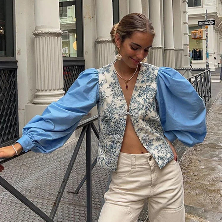 Fashion Print Lantern Sleeve Shirt Women Loose Buttons V-neck Split Female Top Summer Lady Patchwork Blue Streetwear