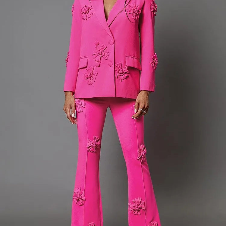 TWOTWINSTYLE Solid Patchwork Appliques Two Piece Sets For Women Lapel Long Sleeve Coat High Waist Pant Chic Set Female Clothing