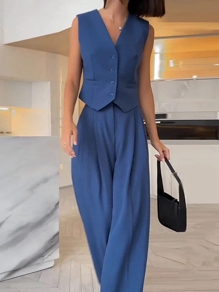 New Two Piece Wide Leg Pants Set Women's Spring New V-Neck Sleeveless Vest with Hanging Wide Leg Pants Casual Set Blue