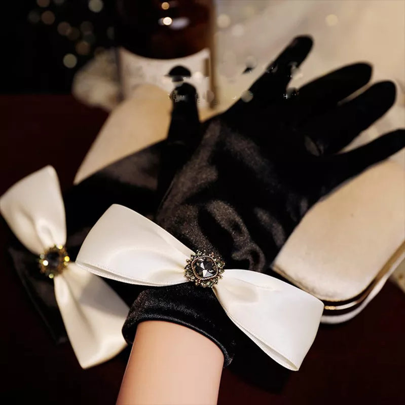New Original Vintage Gloves Hepburn Black Satin Thin Bowknot Stage Banquet Bride Accessories