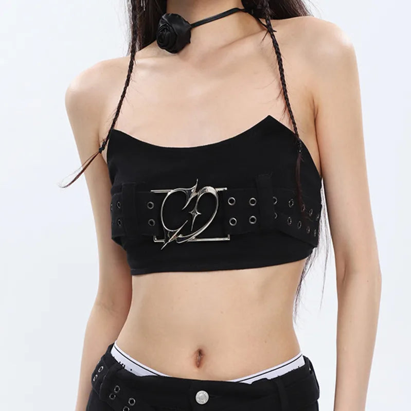 SHENGPALAE Fashion Women's Denim 3 Piece Sets Metal Design Fishbone Strapless Belt Mini Skirt Flare Jeans Summer 2023 New 5R5066 Black strapless