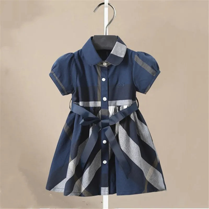 Girl Dress Fashion Plaid Shirt Dress for Girls Single-breasted Kids Party Dress with Sashes Autumn England Clothes for Girls Blue