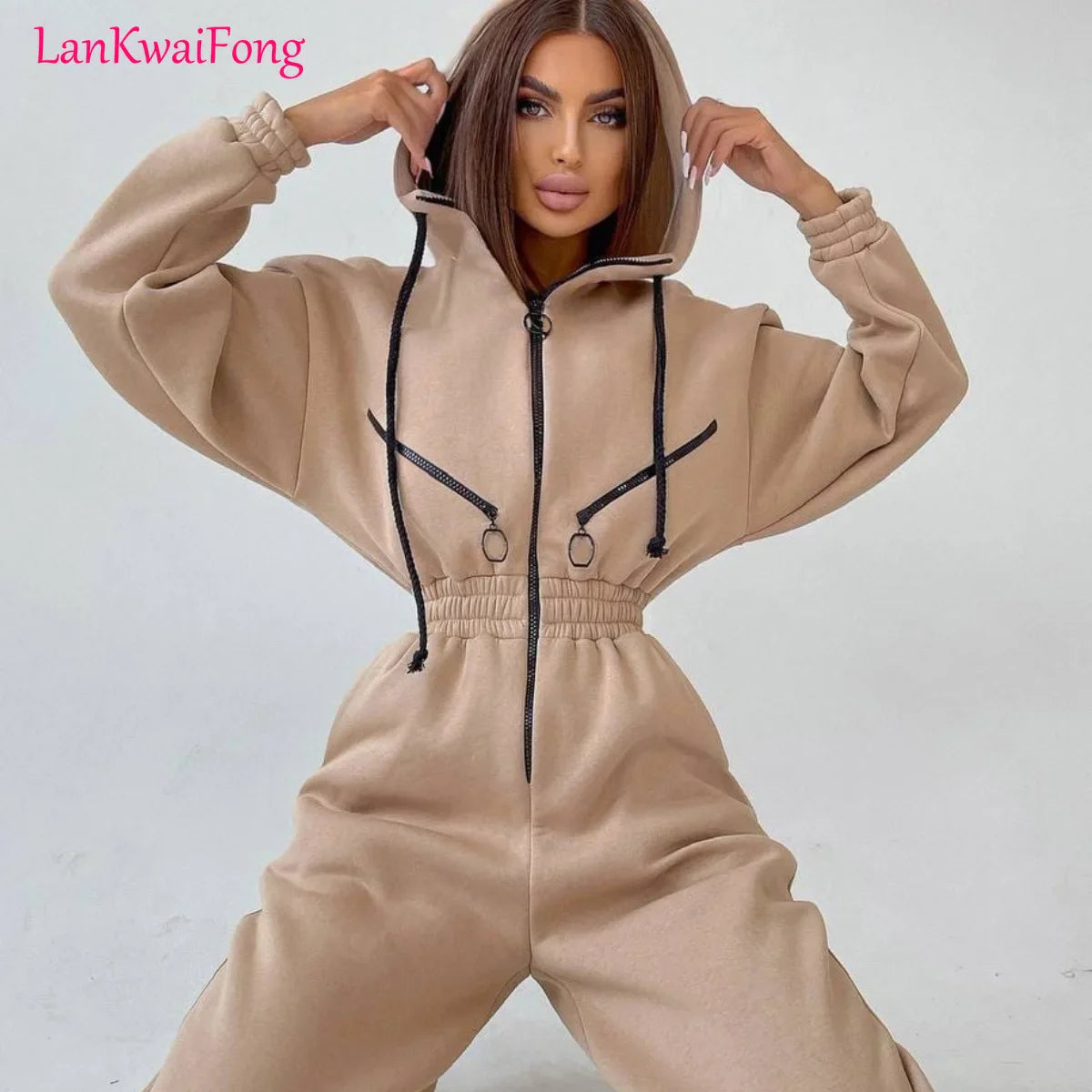 LKF New Sports and Casual Women's Jumpsuit Hooded Zipper Cardigan Solid Color Street Trendy Jumpsuit Wholesale