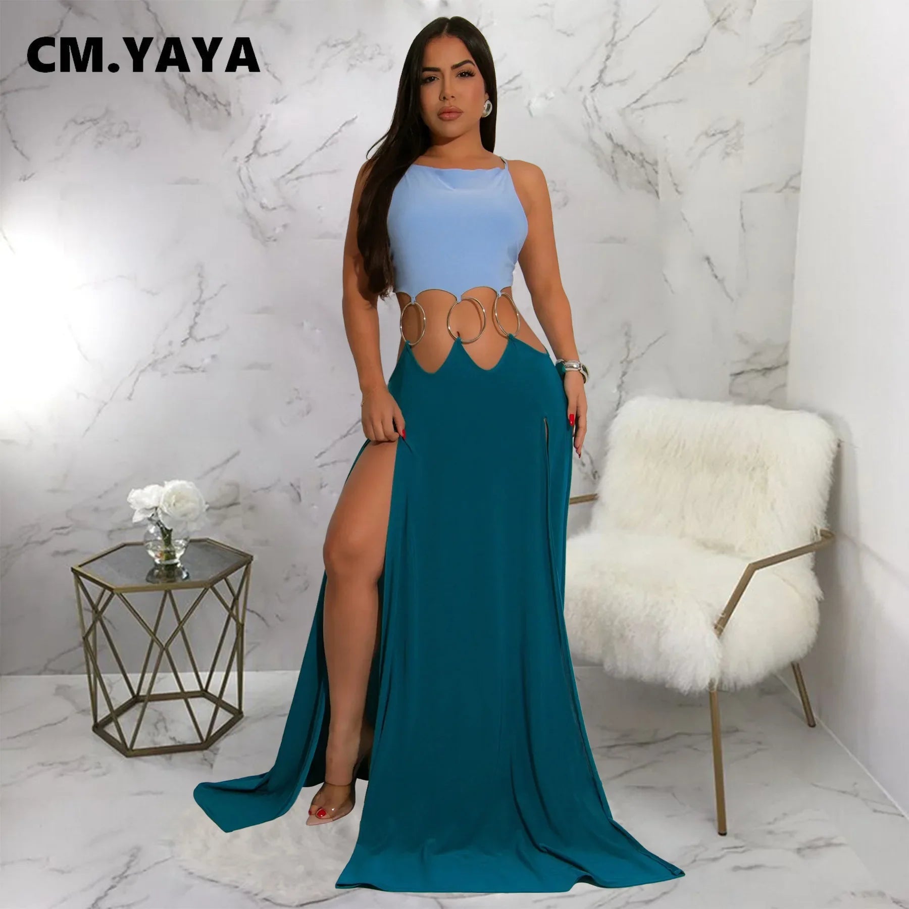 CM.YAYA Women Strap Backless Big Swing Split Maxi Long Dress 2025 Hollow Out Birthday Sexy Club Party Evening Dresses Vestidos