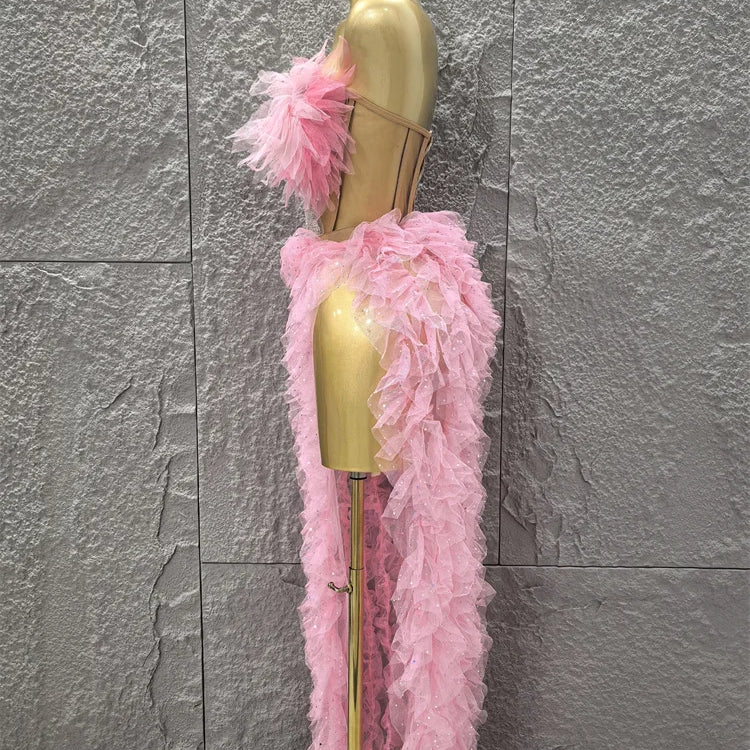 Pink Color Women Sexy Strapless Ruffles 2 Pieces Bodycon Long Dress High Split Fashion Nightclub Party Birthday Fashion Dress