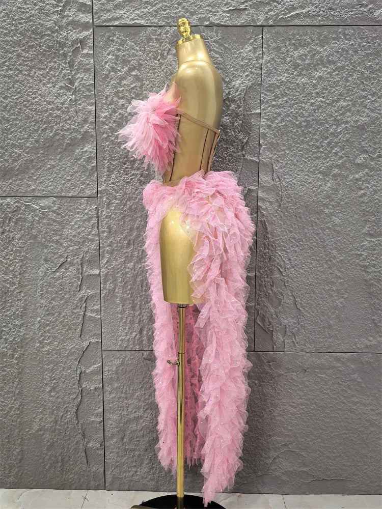 Pink Color Women Sexy Strapless Ruffles 2 Pieces Bodycon Long Dress High Split Fashion Nightclub Party Birthday Fashion Dress