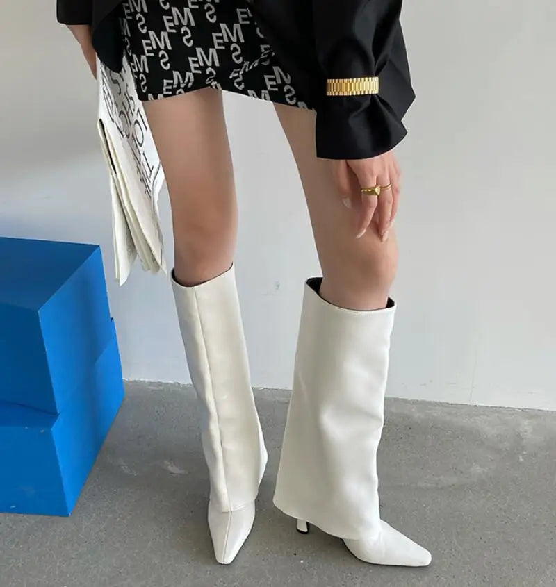 Autumn/Winter Fashion Brand New Knee Length Women's Boots Slender high heeled pointed leg boots Black White Shoes