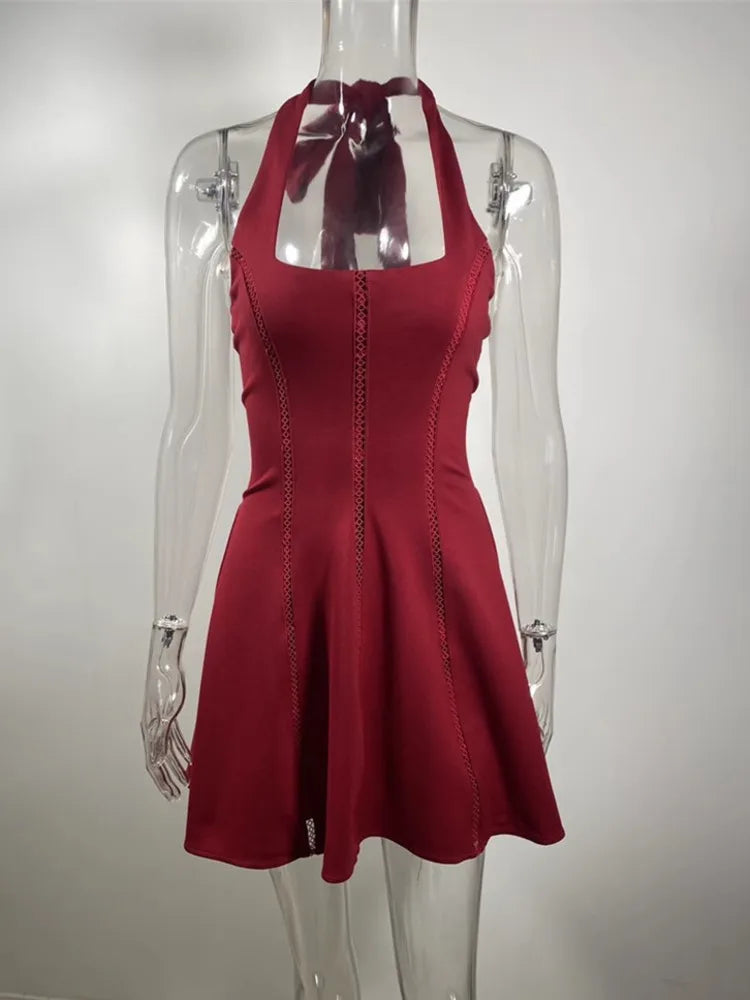 Halter Backless A-line Sexy Mini Dress For Women Robe Fashion Square Collar Sleeveless High Waist Pleated Dress Elegant