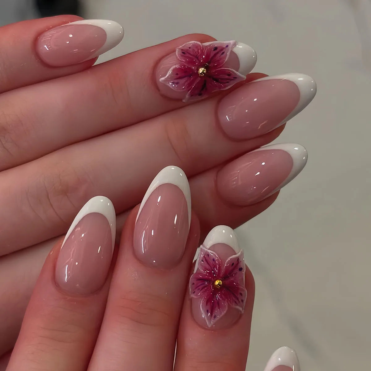 24Pcs Short Almond Fake Nails with Pink White French 3D Flower Design Press on False Nails Oval Detachable Full Cover Nails Tips