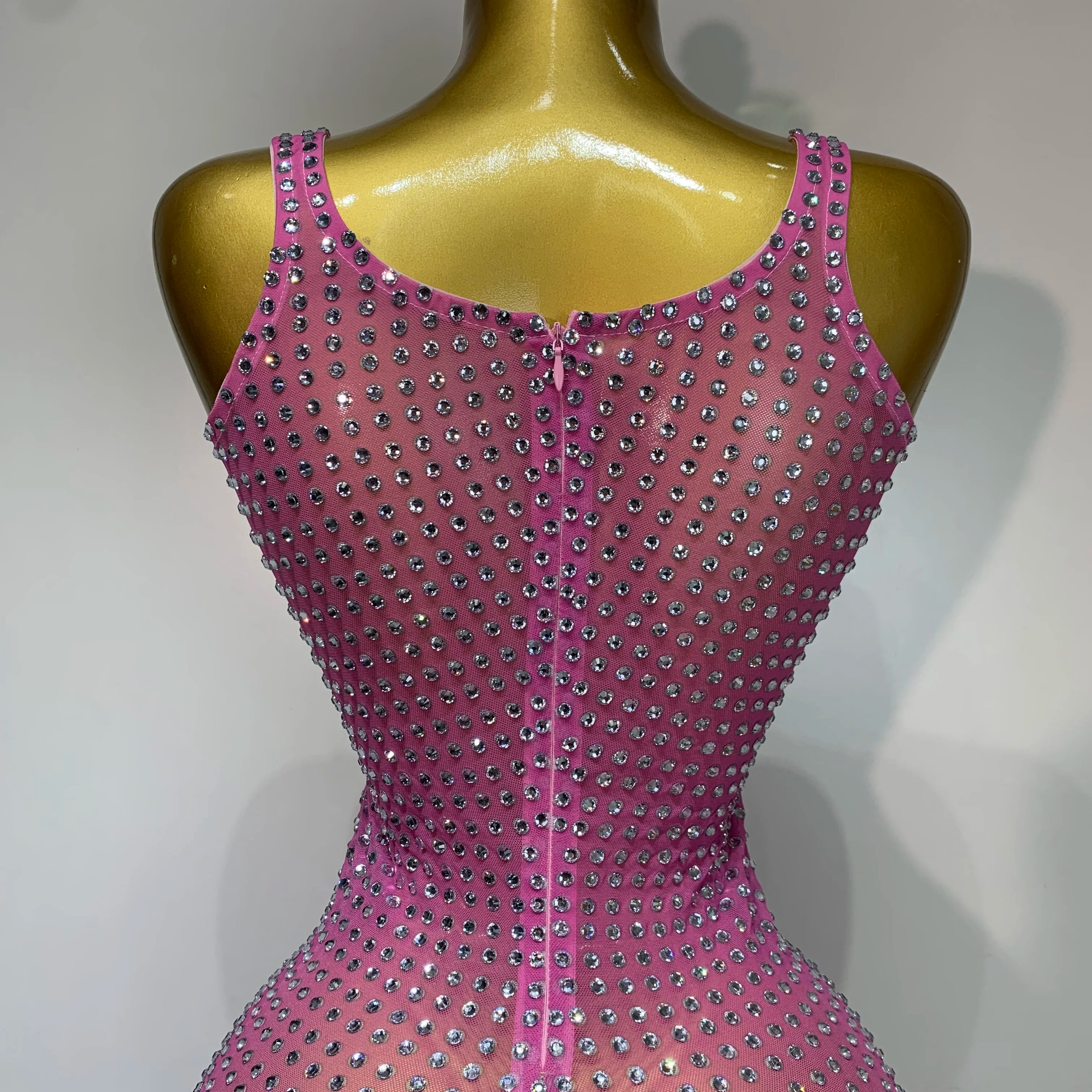 Women Sexy Mesh See Through Rhinestone Pink Long Maxi Dress Birthday Evening Party Costume Singer Stage Performance Costume