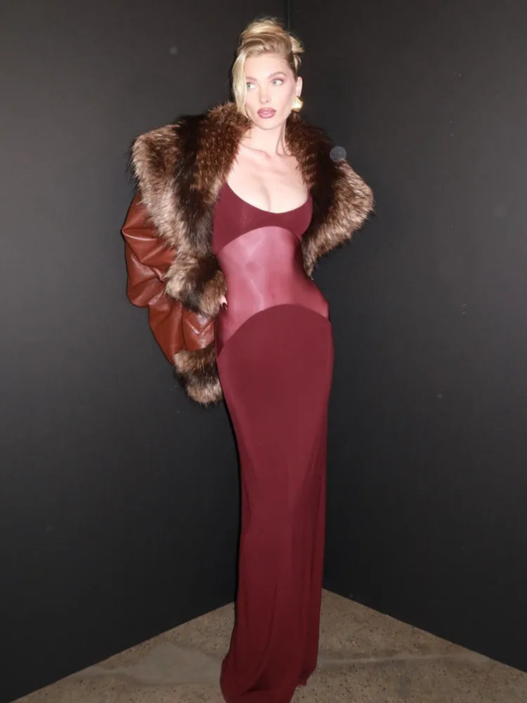 Luxury Women Celebrity Sexy Sleeveless Mesh Burgundy Maxi Long Gowns Dress 2025 Elegant Evening Party Club Vestido