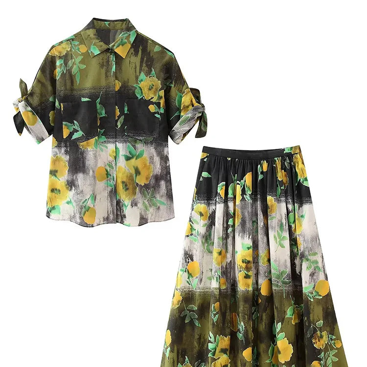 TRAF  Summer Vintage Y2K Short Sleeve Green Floral Print Woman Zipper Shirt Set High Waisted A Line Pleated Skirt Suits