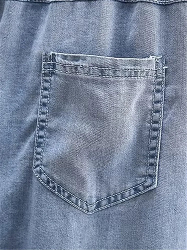 Plus Size Women's Clothing Denim Elasticated Waist Summer Thin Washed Jeans Fatty Wide-Legged Trousers For Obese Ladies Wear