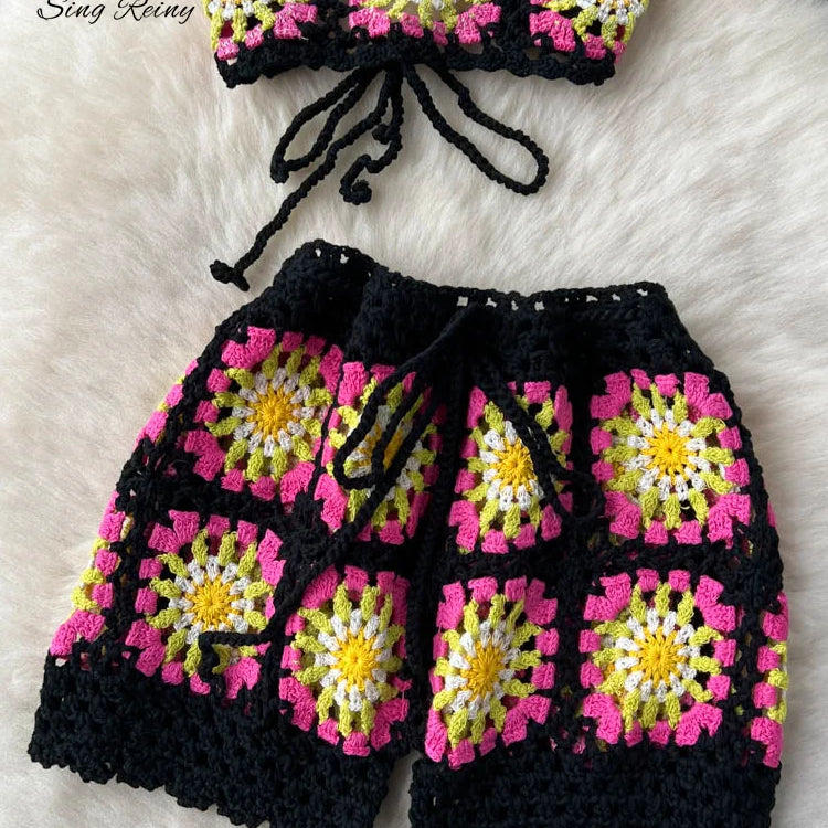 SINGREINY Summer Hollow Out Beach Suits Women Strap Halter Sexy Top+Mini Shorts Fashion Floral Knitted Bohemian Two Pieces Sets