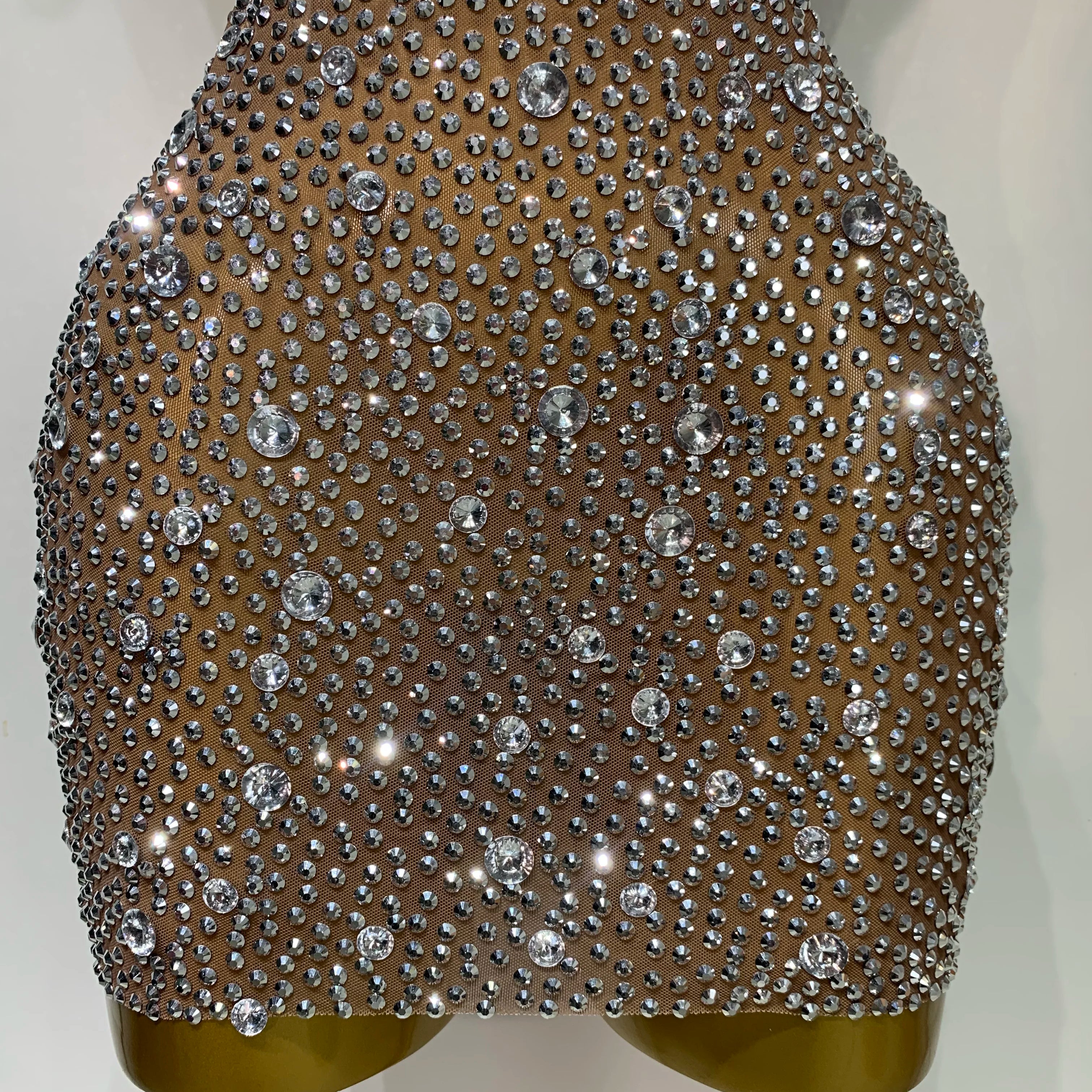 Women Sexy Mesh See Through One Shoulder Luxury Rhinestones Stage Costume Singer Dancer Nightclub Evening Party Birthday Dresses