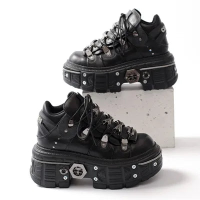 2025 Fashion Women Ankle Boots Woman's Thin Heels Round Toe Lace-Up Metal Decoration Sneakers Ladies Rivet Punk Gothic Rock Shoe