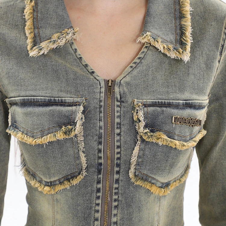 Fall Women Korean Fashion Vintage Tide Denim Rave Outfits 2 Piece Set Long Sleeve Jean Jacket + Y2K Gyaru Mini Pleated Skirts