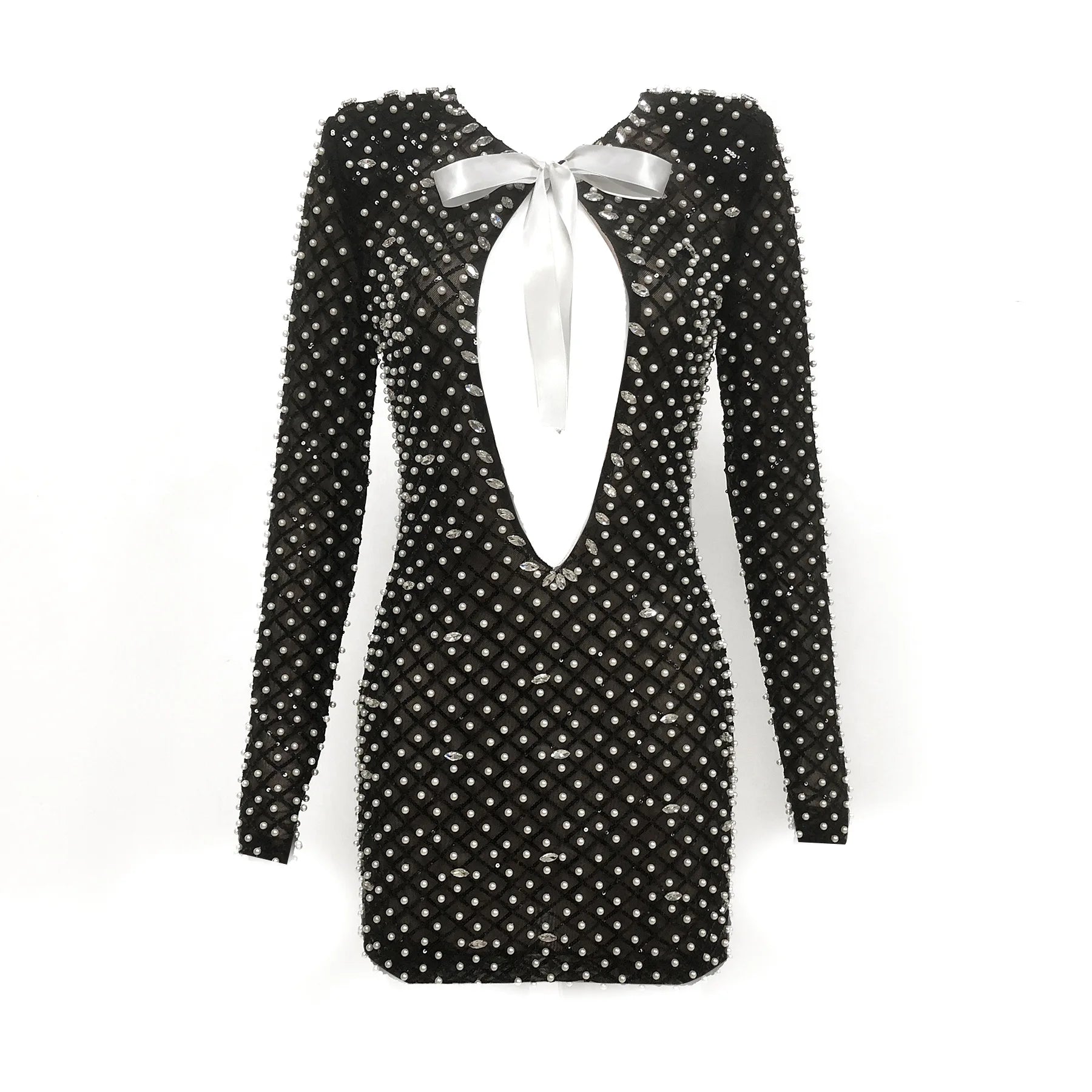 VC Pearl Sequins Hollow Out Short Dress For Women Sexy Long Sleeve Key Hole Bow Tie Diamond Beige Mini Evening Party Dress