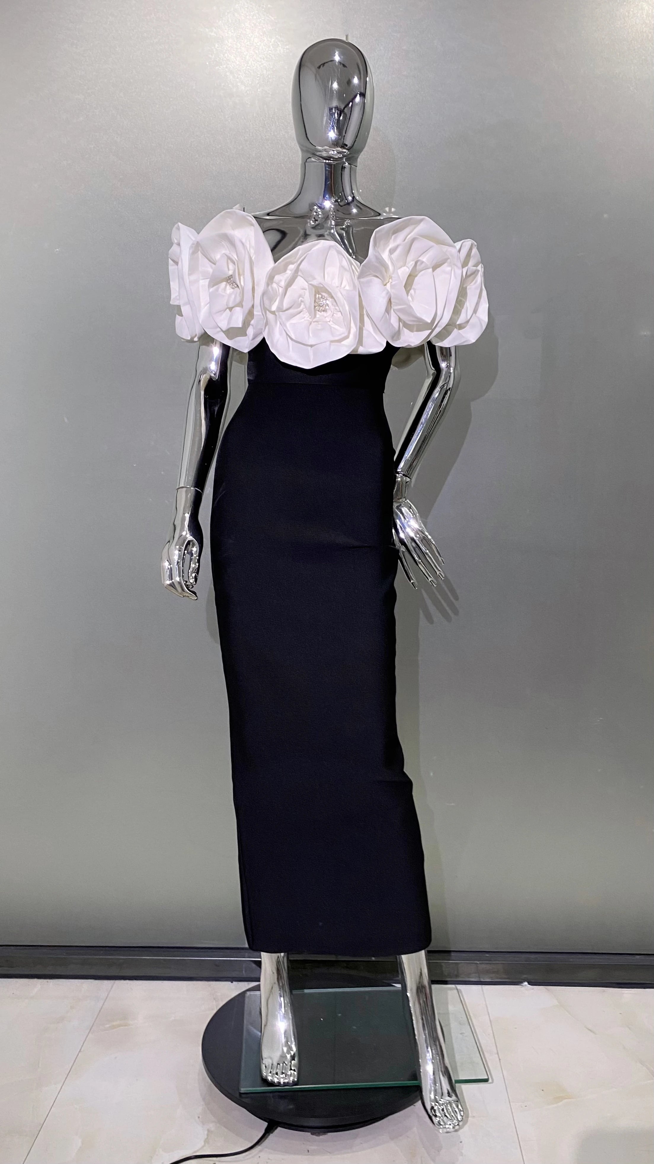 3 Colors Stereoscopic Flowers Sexy Off The Shoulder Ankle Lenght Bandage Dress Woman Birthday Party Vestido Wedding Party Outfit