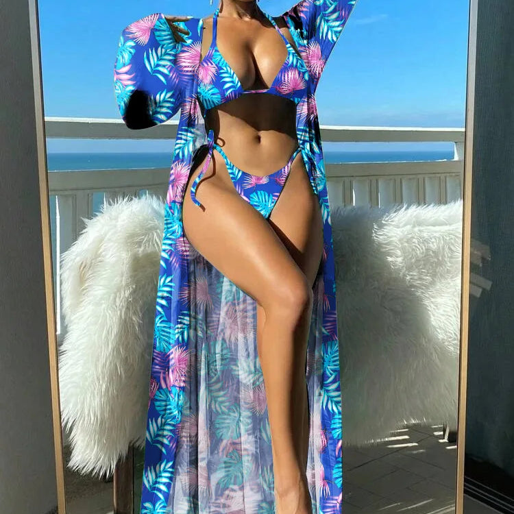 3 Pieces Triangle String Bikini Swimsuit Women & Kimono Swimwear Female Sexy Bathers Bathing Swimming Swim Suit Beachwear Purple