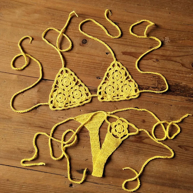 Women Sexy Handmade Bikini Sets Crochet Flower Solid Color Lace Thong String Swimwear Sunbathing Swimsuit Beach Wear Lace-up Yellow one size