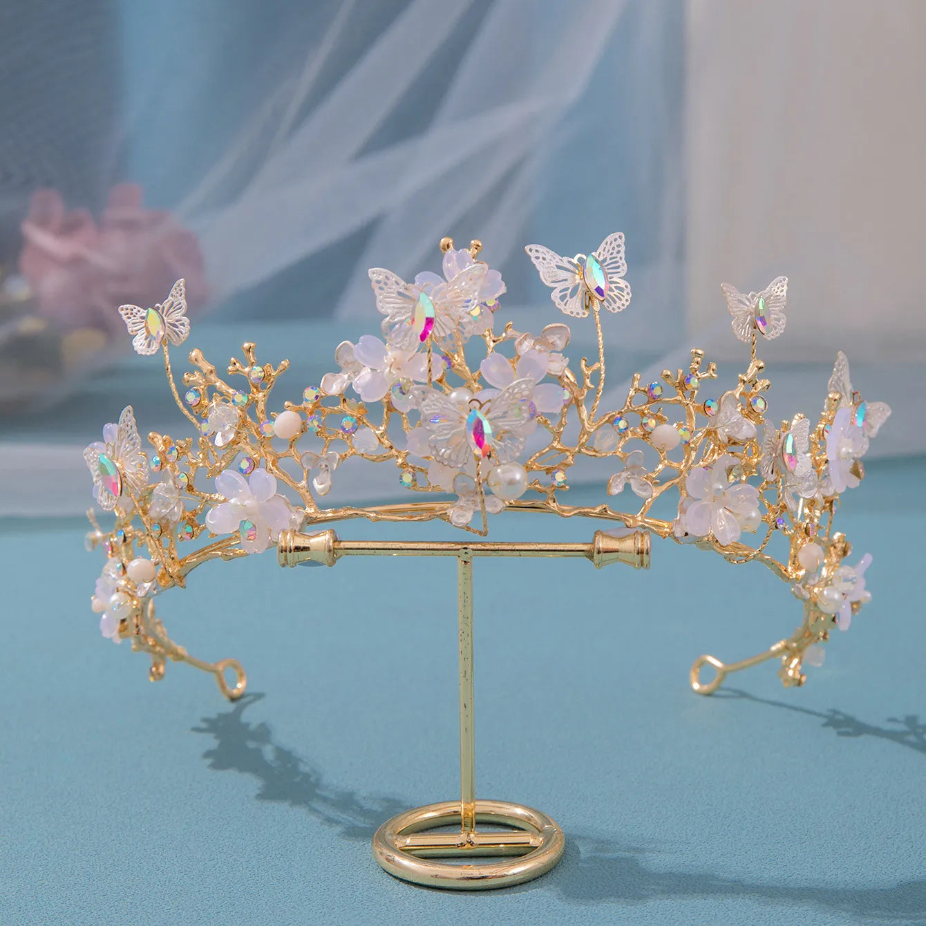 Baroque Butterfly Pearl Crystal AB Crown Tiara Rhinestone Hairband Wedding Hair Accessories Princess Bridal Headpieces
