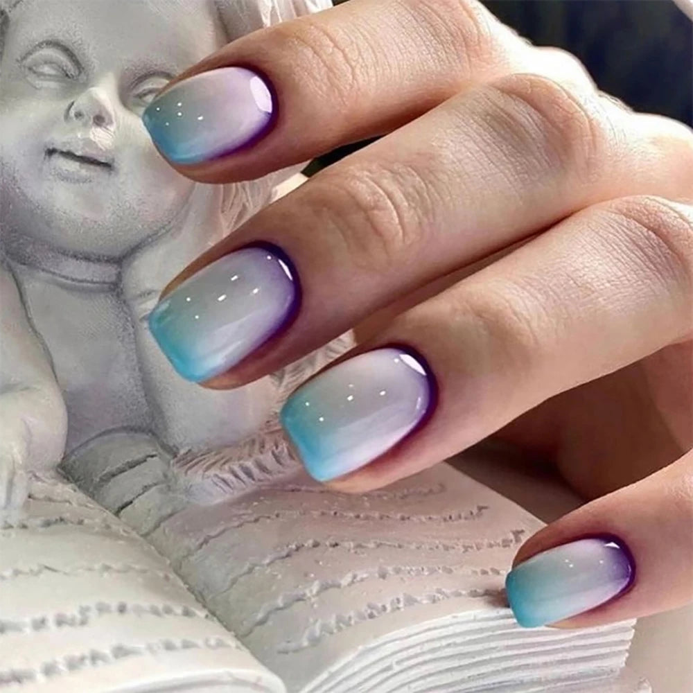 24pcs/set short square fake nails for women girls faux ongles fashion glitter geometric flowers design press on false nail kit