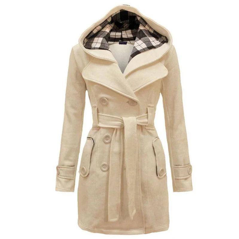 Vintage Woolen Coat Women Warm Fleece Jacket With Belts Double Breasted Solid Casual Jacket Winter Fashion Ladies Plus Size Beige