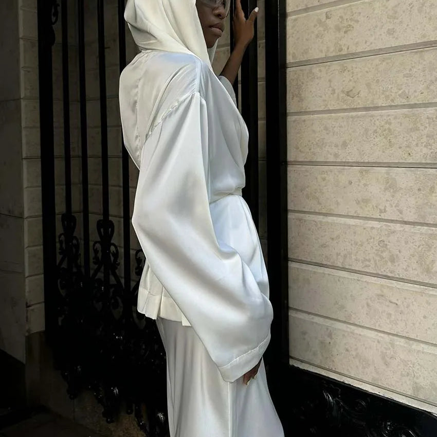 Oymimi Fashion White Satin 2 Piece Sets Women Outfit Elegant Hooded Collar Long Sleeve Lace-Up Blouse + Slim Straight Skirts Set