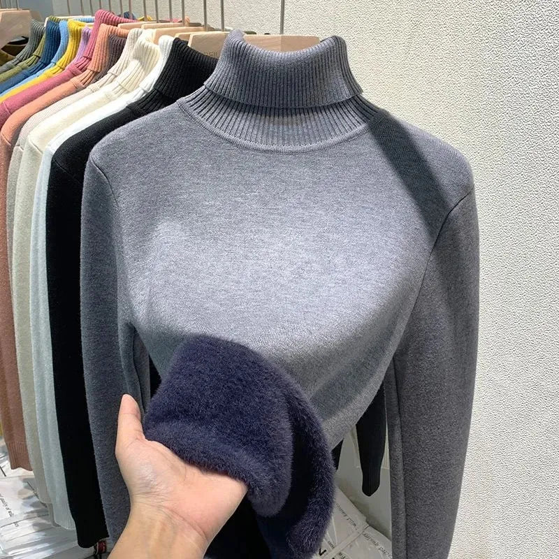 Thicken Velvet Turtleneck Sweater Women Korean Fashion Lined Warm Sueter Knitted Pullover Slim Top Winter Jersey Knitwear Jumper Grey
