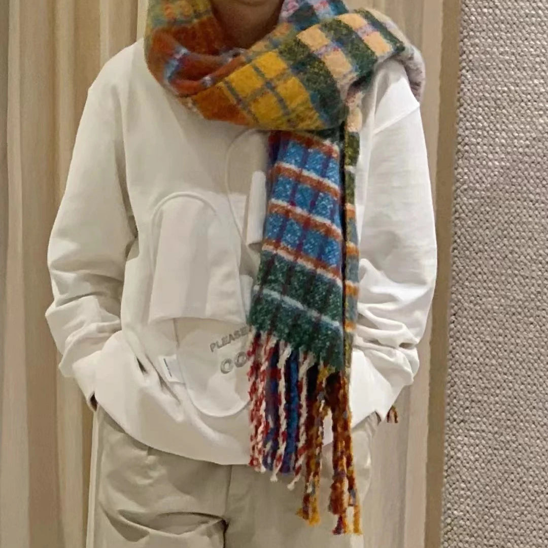 Women Winter Autumn Wool Scarf Rainbow Color England Plaid Student Warm Tassel Sweet Girls Pashmina Big Shawl