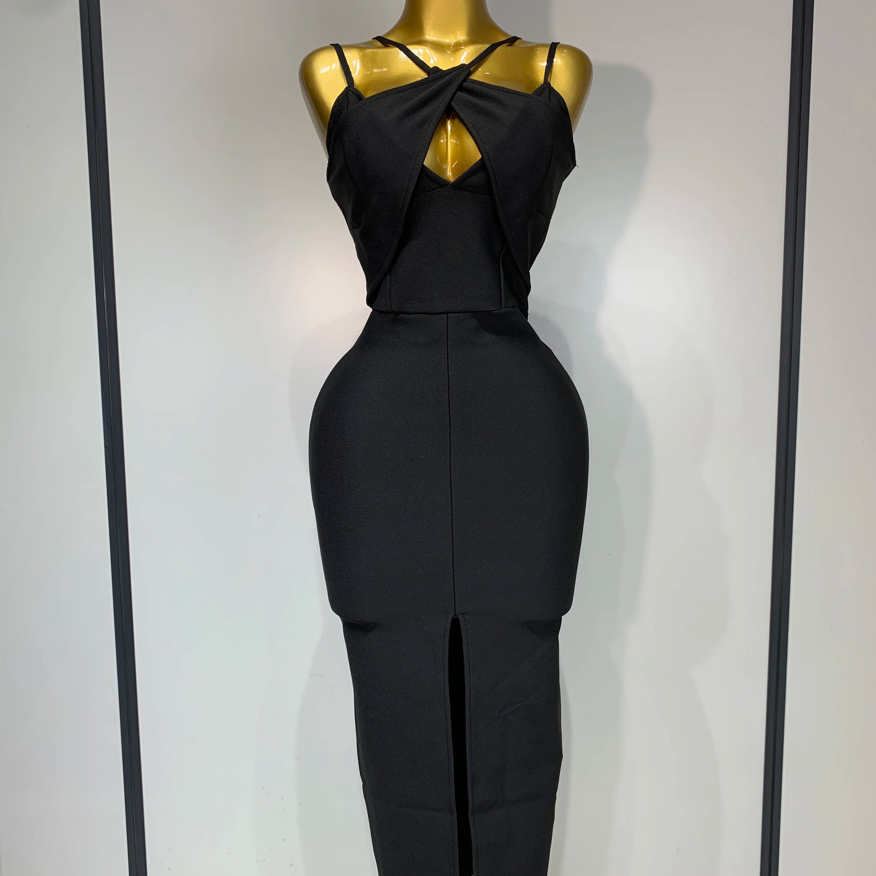Women Sexy Sleeveless Hollow out Split Backless Black Midi Bandage Dress 2025 Celebrity Elegant Evening Cocktail Party Dresses
