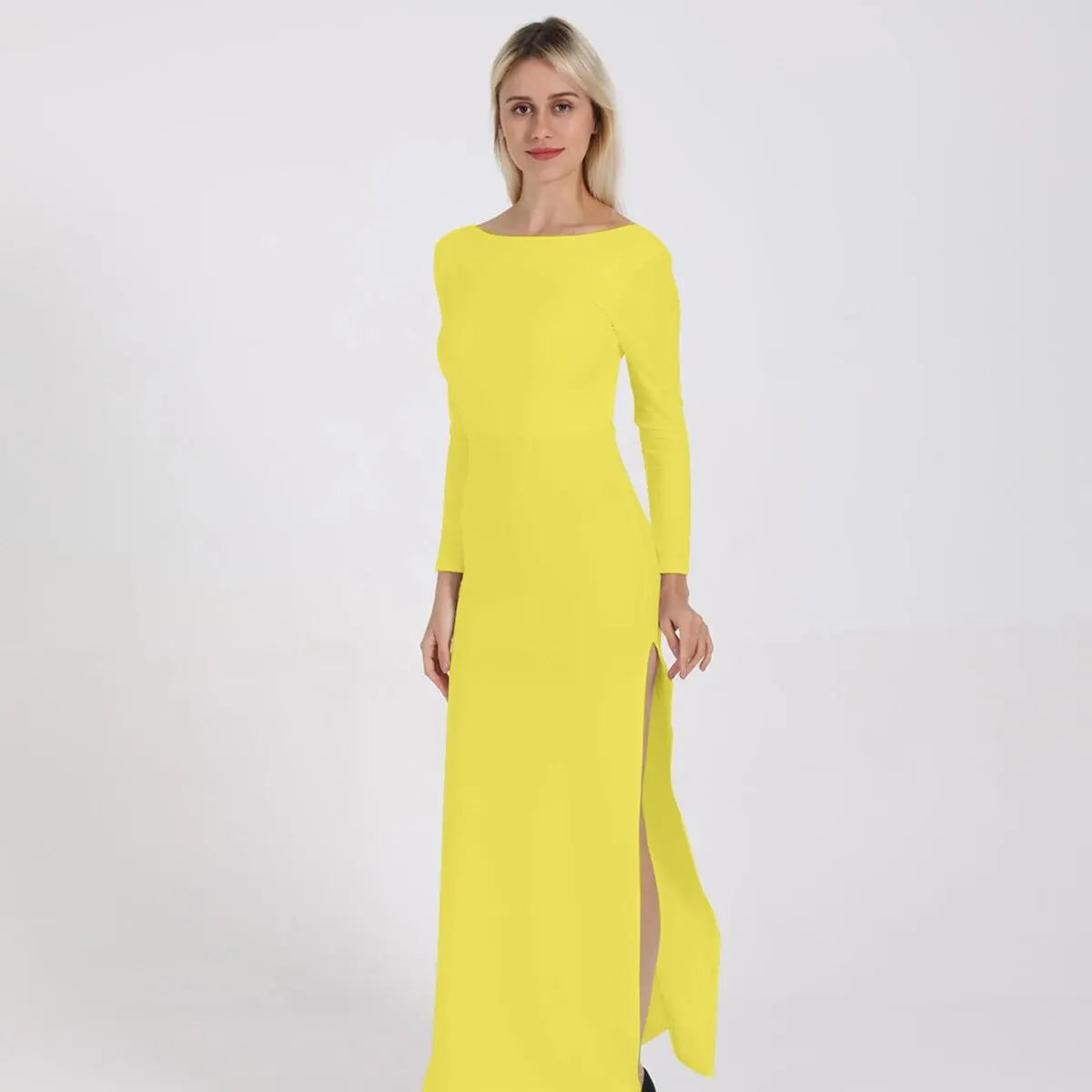 Sexy Women's Backless Round Neck Long Sleeve Tight Split Dress Spring/Summer Evening Party 2024 New Edition 8920-yellow